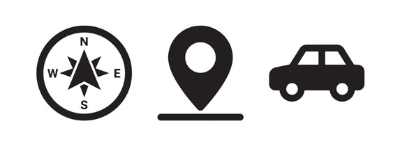 Fototapeta premium A set of three on a white background, featuring a compass, rose, a location, pin on a, horizontal line, and, a simple side, profile of a, car vehicle