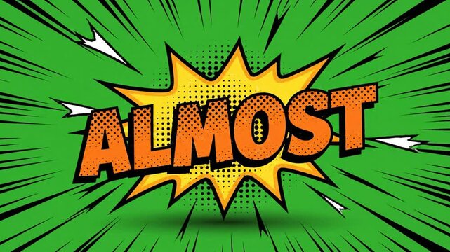 Pop comic book style almost text animation with dynamic green radial speed lines and explosive yellow speech bubble background