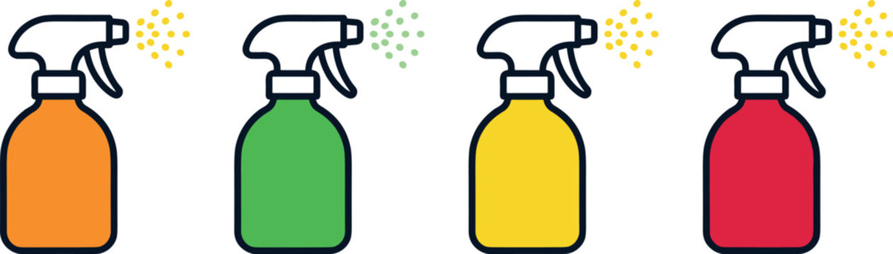 Colorful trigger spray bottles vector icon set orange green yellow red containers spraying mist for cleaning product design concept