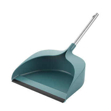 Modern teal matte plastic dustpan with a black rubber edge and brushed aluminum handle on an infinite white background concept of modern home organization