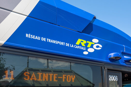 Quebec City, Quebec, Canada. July 27, 2026. Angled close-up of RTC bus logo and LED destination sign bound for Sainte-Foy.