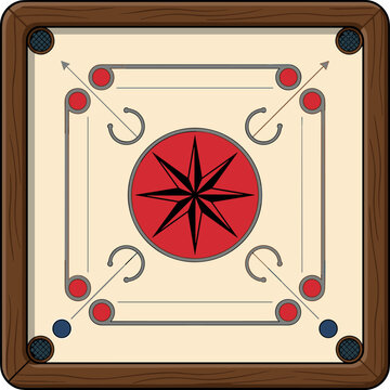 Traditional wooden carrom board vector illustration with realistic texture and red star center design for tabletop board game