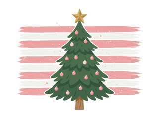 Fototapeta premium Stylized christmas tree with pink baubles and star topper, christmas