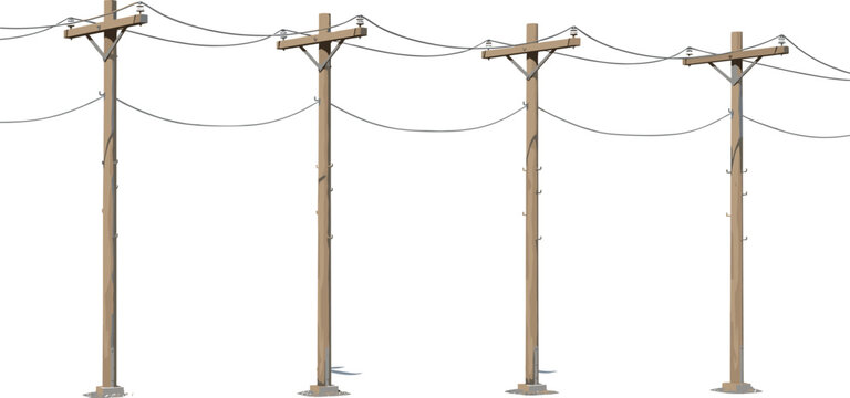 Wooden utility poles with electric power lines transmission cables infrastructure vector illustration isolated on white background