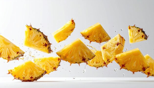 Flying pineapple slices frozen in motion, isolated on white background