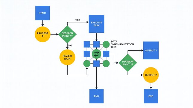 Business process flowchart with data synchronization hub, professional workflow diagram for project management, logical system architecture map