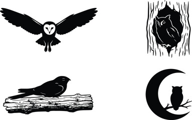 Obraz premium Nocturnal Owls and Wild Forest Birds Silhouette Vector Set Featuring Flying Barn Owl, Perched Bird on Log, Hollow Tree Owl, and Night Moon Perch Graphic Elements