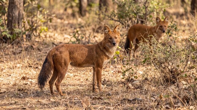 Asian Wild Dog Cuon Alpinus Standing in Dry Grassland Habitat