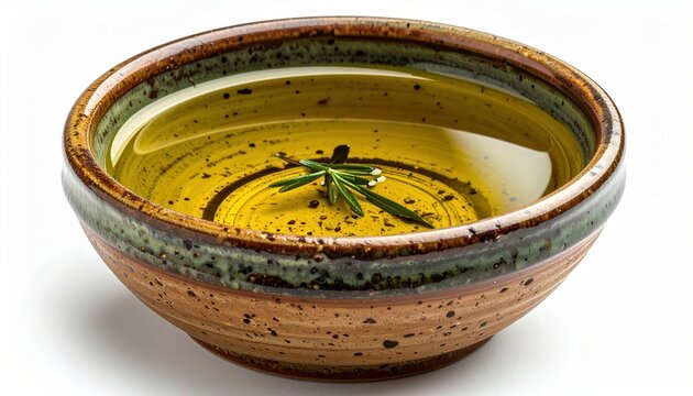 Ceramic bowl of extra virgin olive oil, isolated on white background