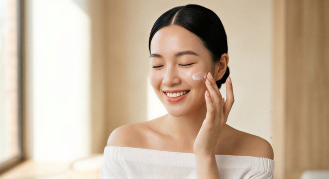 Beautiful Young Asian Woman Applying Skincare Cream with Healthy Glowing Skin