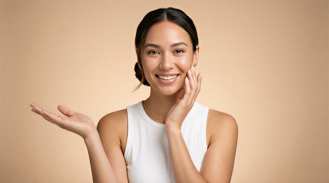 Smiling Young Asian Woman Presenting Product with Open Hand on Beige Background