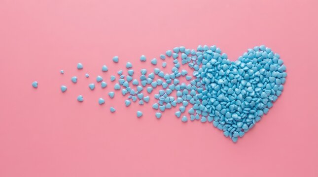Blue pills arranged in a heart shape on a pink background representing world heart day medical awareness for cardiovascular health and pharmaceutical treatment concepts