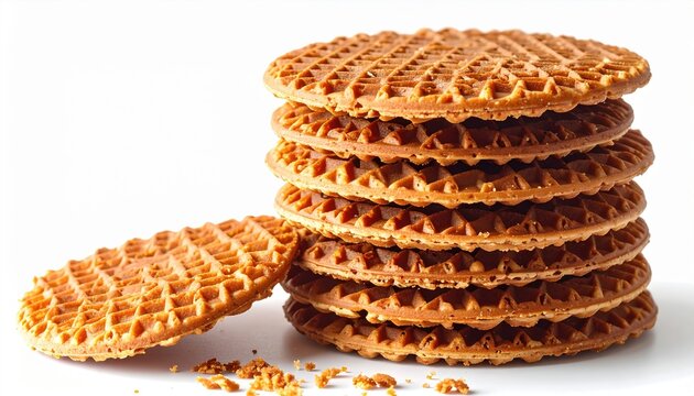 Dutch stroopwafels stacked neatly, isolated on white background