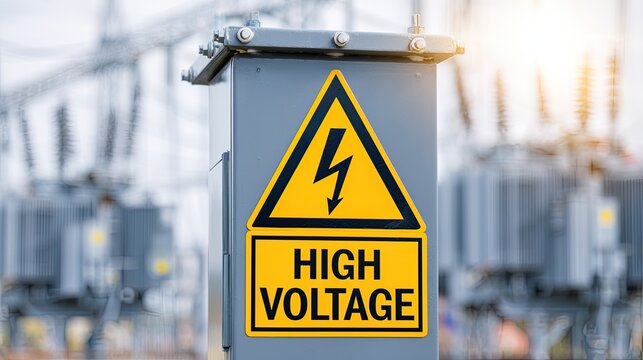 Gray electrical box with yellow high voltage warning sign