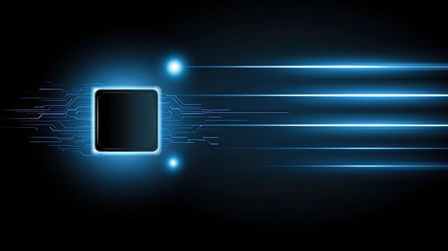 Glowing abstract digital processor with blue light trails on black