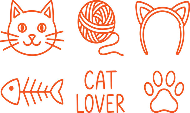 Cat Lover line art icon set with cat face, yarn ball, ears, fish bone and paw print, pet illustration design