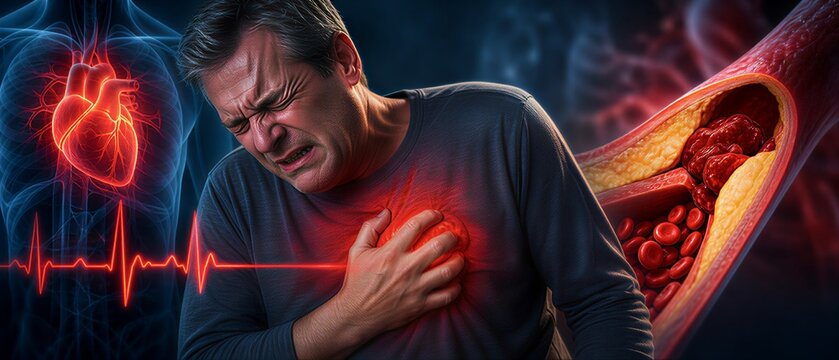 Man Suffering Heart Attack with Chest Pain and Cardiovascular Disease Medical Illustration