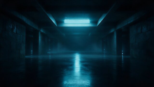 Futuristic Dark Sci-Fi Underground Corridor with Blue Neon Lights and Reflective Floor Background