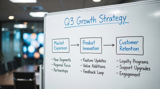 Q3 growth strategy whiteboard presentation in a modern office meeting room