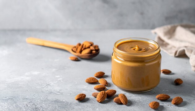 Glass jar of almond butter with wooden spoon on light gray background, healthy spread concept