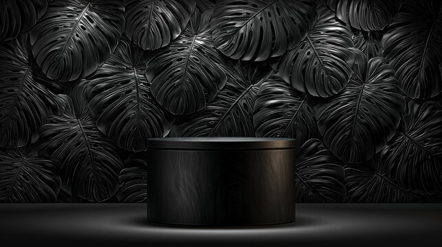 A sleek matte black studio background featuring a 3D wall of monstera deliciosa leaves and a dark wood cylindrical product podium with dramatic spotlighting.