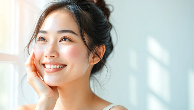 Smiling Young Asian Woman with Glowing Healthy Skin by Window Natural Beauty Skincare Portrait