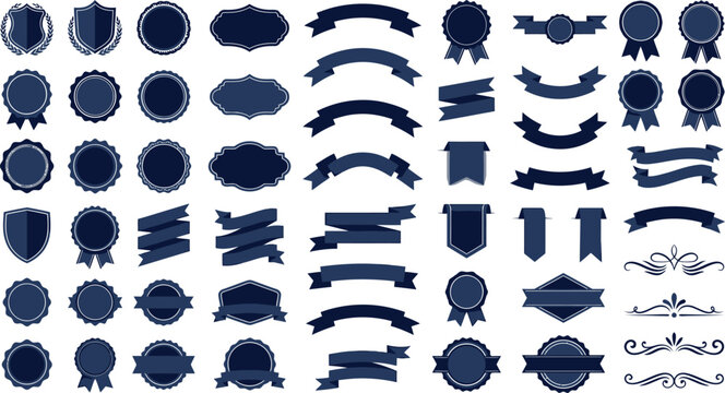 Collection of elegant navy blue decorative badges ribbons seals and ornamental borders with transparent backgrounds for awards certificates logos and graphic design projects