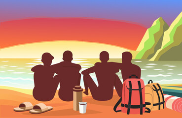 Fototapeta premium Group of friends sitting on sandy beach watching sunset, backpacks and beach accessories, peaceful emotional moment, travel lifestyle concept, summer vacation atmosphere, friendship and freedom
