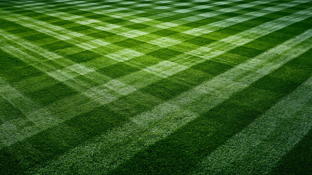 A high-angle detailed photograph of a pristine lawn mown into a precise plaid or checkerboard pattern, showing vibrant green grass and professional landscaping.