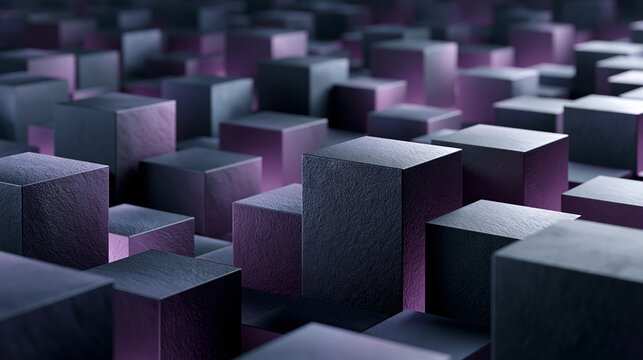 High-angle cinematic view of textured dark stone cubes rising like pillars, illuminated by a moody purple light from beneath.