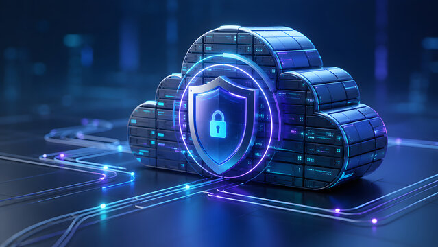 Cloud shaped server rack array featuring central glowing shield padlock. Concept of enterprise database protection and network firewall infrastructure.