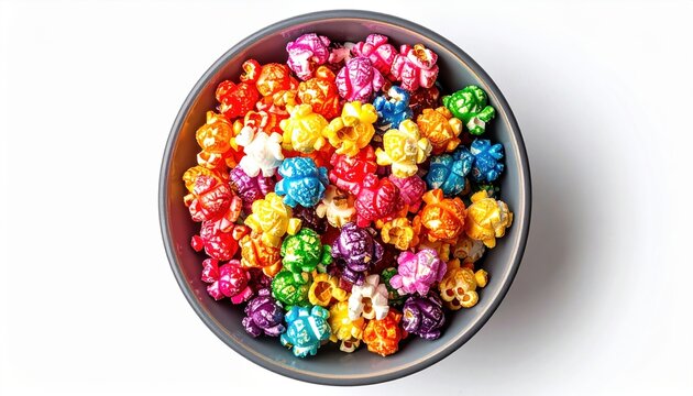 Bowl of colorful sweet popcorn isolated on white background, top view, vibrant candy popcorn