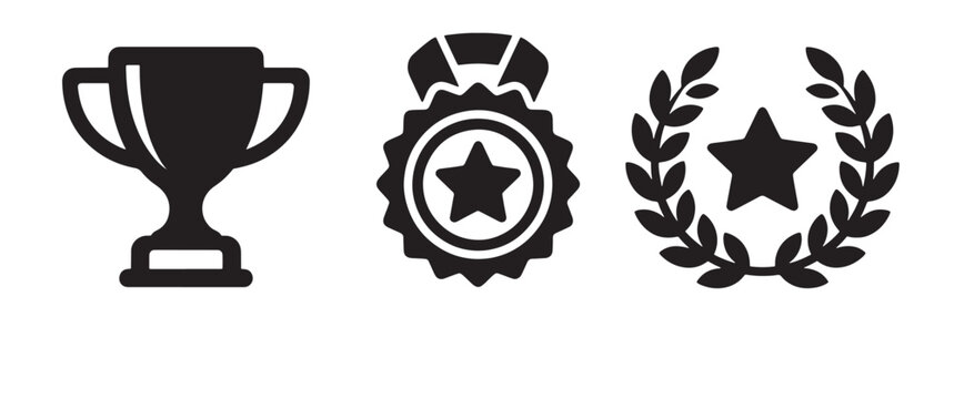 Collection of three black showing a trophy cup, a circular medal with a star, and a laurel wreath with a star on a white background for