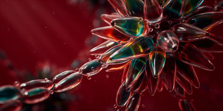 Cellular structure with transparent vesicles and fluid droplets against a red textured surface