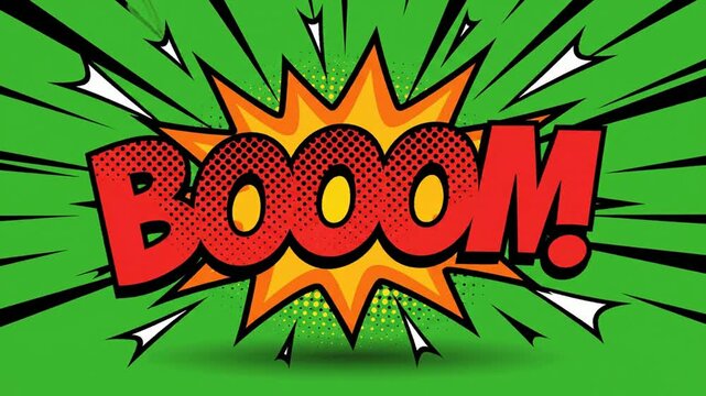 Dynamic comic book style boom explosion animation with green background, for motion and, pop projects pop cartoon