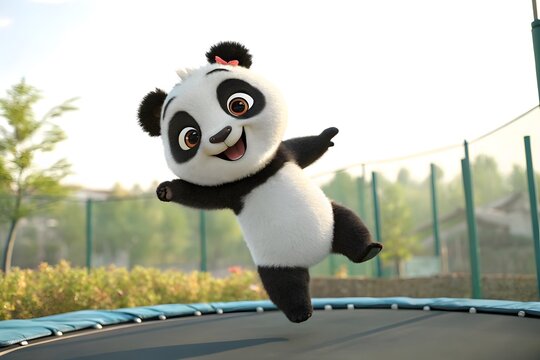 Cartoon panda jumping on a trampoline outdoors