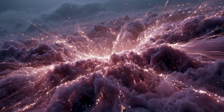 Stunning 3D render of a centralized celestial explosion, radiating glowing pink energy and stardust through dark cosmic clouds in a high-resolution space scene.