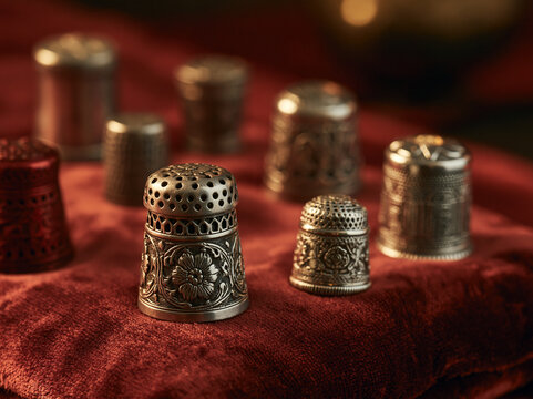 Vintage metal thimbles close-up still life with red fabric and intricate embroidery sewing tools in workshop