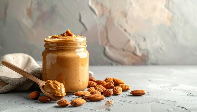 Glass jar of almond butter with wooden spoon on light gray background, healthy spread concept