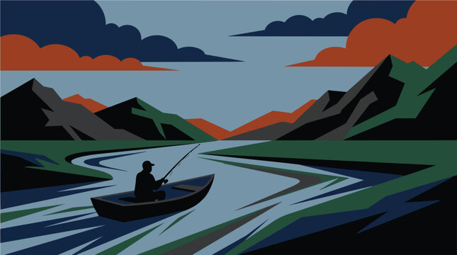 Fisherman in a small wooden boat fishing on a scenic river surrounded by mountains landscape vintage vector illustration
