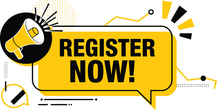 Register, now icon collection with loudspeaker, promotional tag, event signup and announcement symbols, editable vector set.