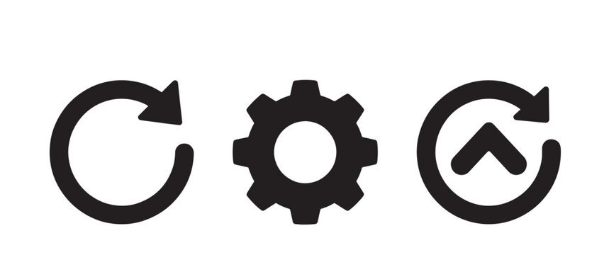 Three black on a white background, featuring a circular, refresh arrow, a, mechanical gear cog, and a circular, arrow pointing to, an upward chevron