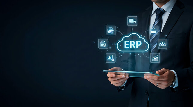 Businessman holding tablet with ERP cloud Enterprise Resource Planning icons concept