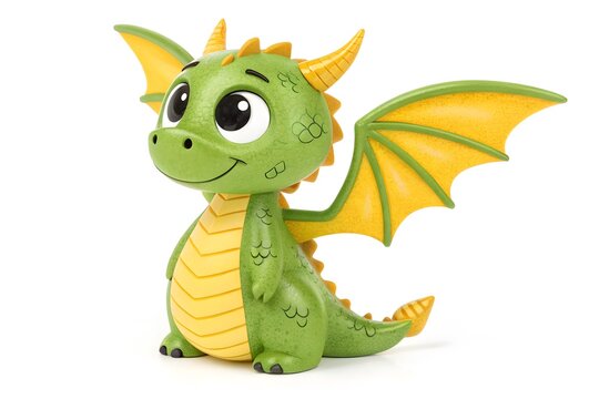 Cute cartoon dragon toy with yellow wings smiling happily
