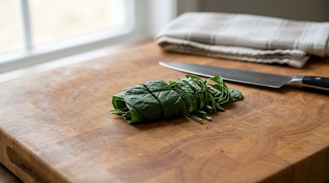 Fresh green spinach prepared using the chiffonade technique on a wooden cutting board with a sharp chef knife nearby
