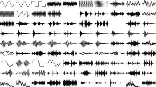 Audio sound wave elements vector set featuring digital signal frequencies pulse music track indicators and electronic equalizers