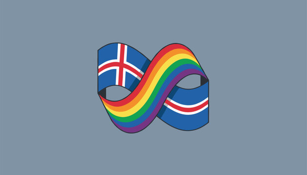 Infinity symbol shaped flag combining Iceland and rainbow pride designs against a grey background.