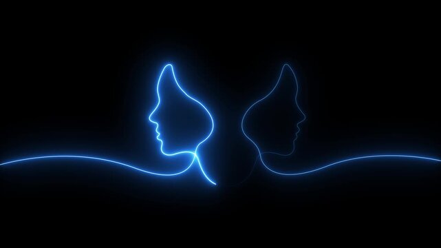 glowing neon Continuous line of two human profiles faces in opposite directions icon isolated motion graphic of human face, human connection, dialogue, conversation, thinking, mind..
