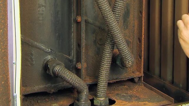 Discover the weathered beauty of an air filter's internal workings. Rusted components and sturdy pipes showcase a machine's enduring life in a gritty industrial setting.