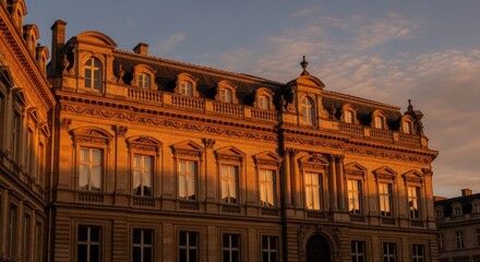 Fototapeta premium Classic stone building facade during golden hour sunset.